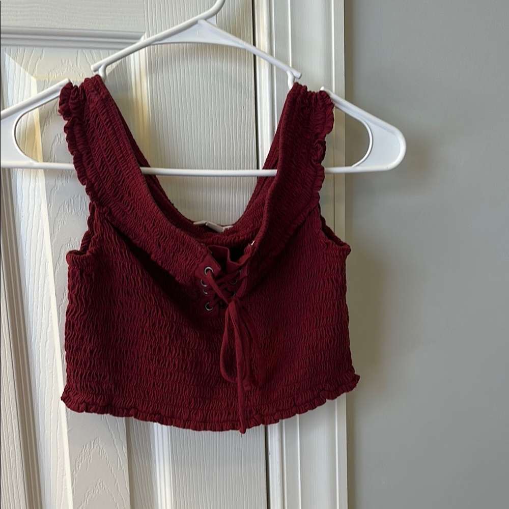 Women's Burgundy Lace-Up Off the Shoulders Crop Top